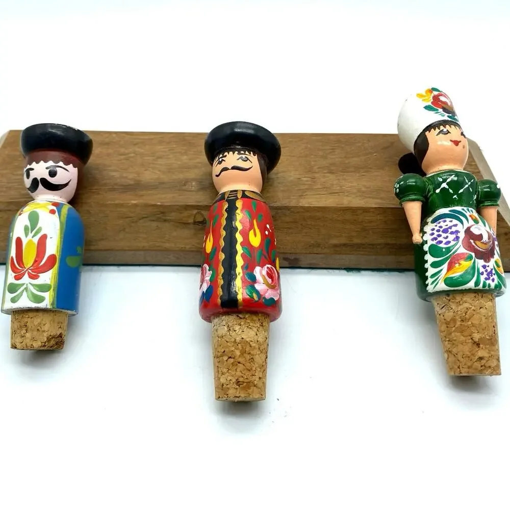 Vintage Hungarian‎ Hand Painted Folk Art Dolls Bottle Stoppers 3 with wood stand